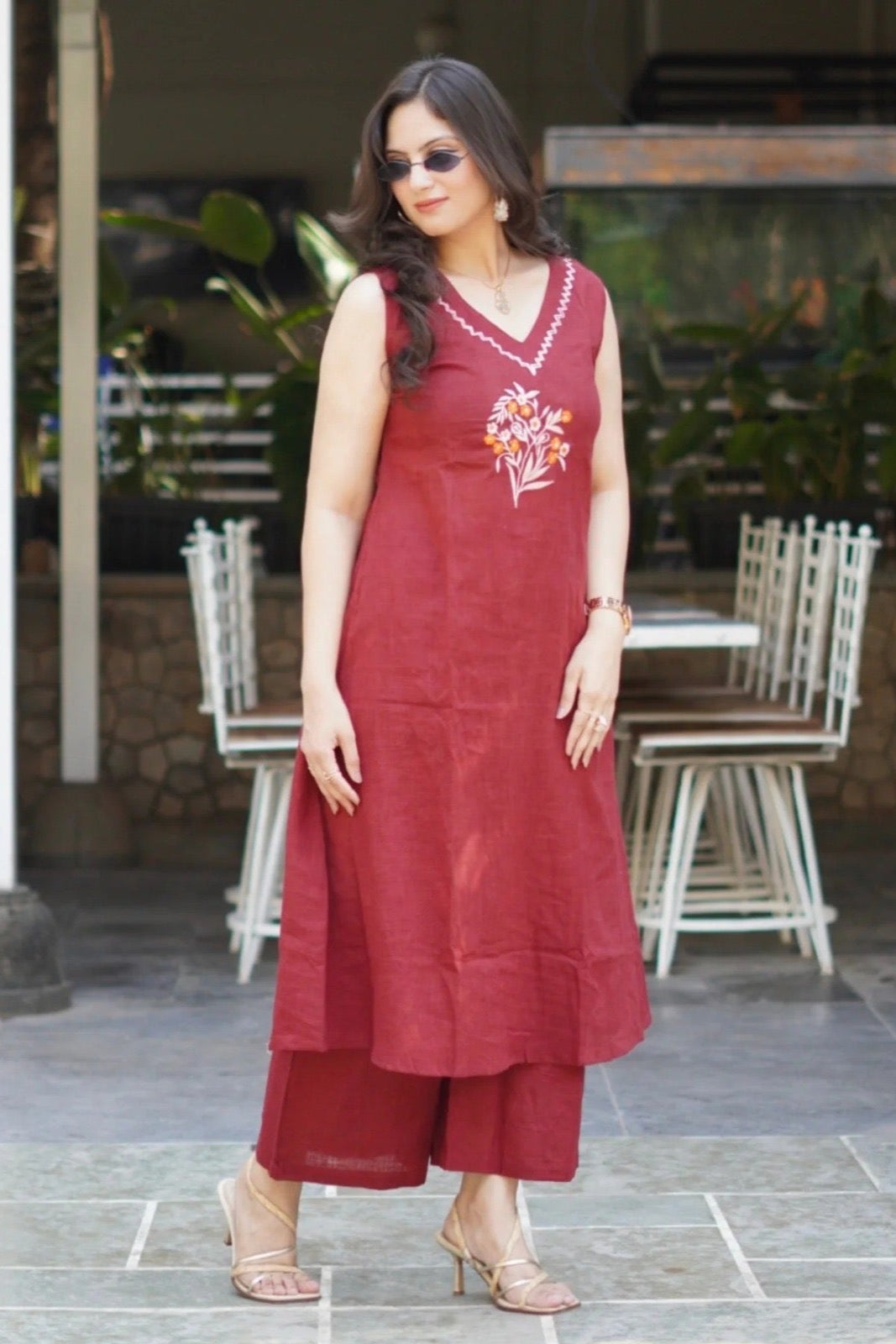 elegant mehroon suit with floral embroidary on cotton Co-Ord Set - Vastra Gehna