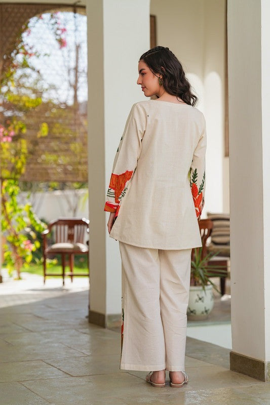off white printed Embroidered Cotton Co-Ord Set - Vastra Gehna