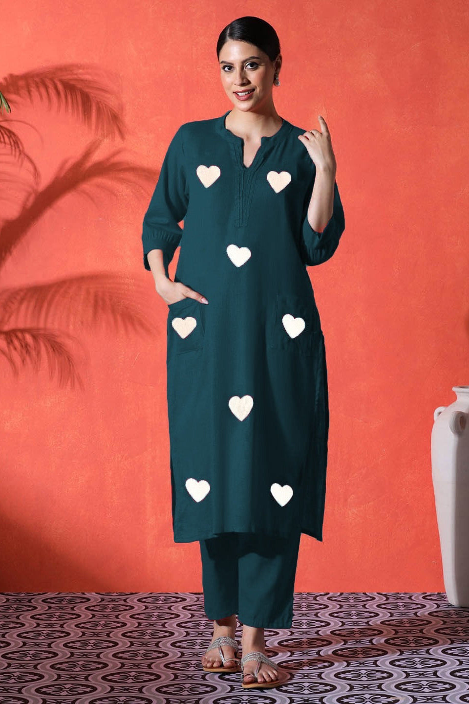 navy blue suit with white heart print on cotton Co-Ord Set - Vastra Gehna