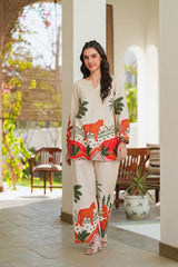 off white printed Embroidered Cotton Co-Ord Set - Vastra Gehna