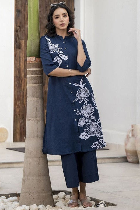 blue suit with white embroidary Cotton Co-Ord Set - Vastra Gehna