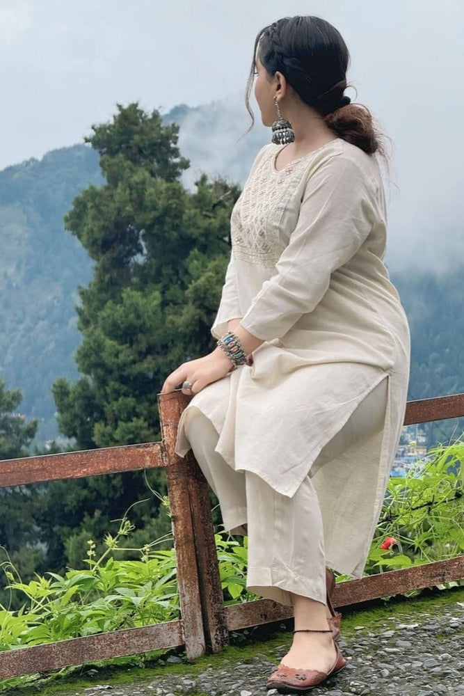 off white floral Embroidered Cotton Co-Ord Set - Vastra Gehna