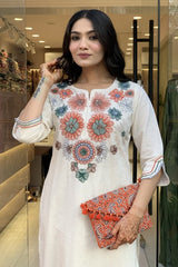 off white floral Embroidered Cotton Co-Ord Set - Vastra Gehna