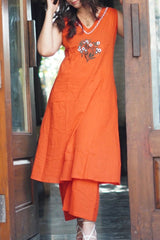 orange suit with embroidary Cotton Co-Ord Set - Vastra Gehna