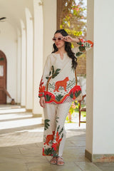 off white printed Embroidered Cotton Co-Ord Set - Vastra Gehna