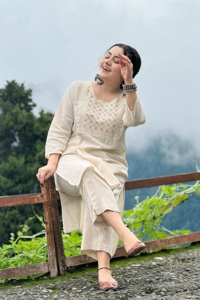 off white floral Embroidered Cotton Co-Ord Set - Vastra Gehna