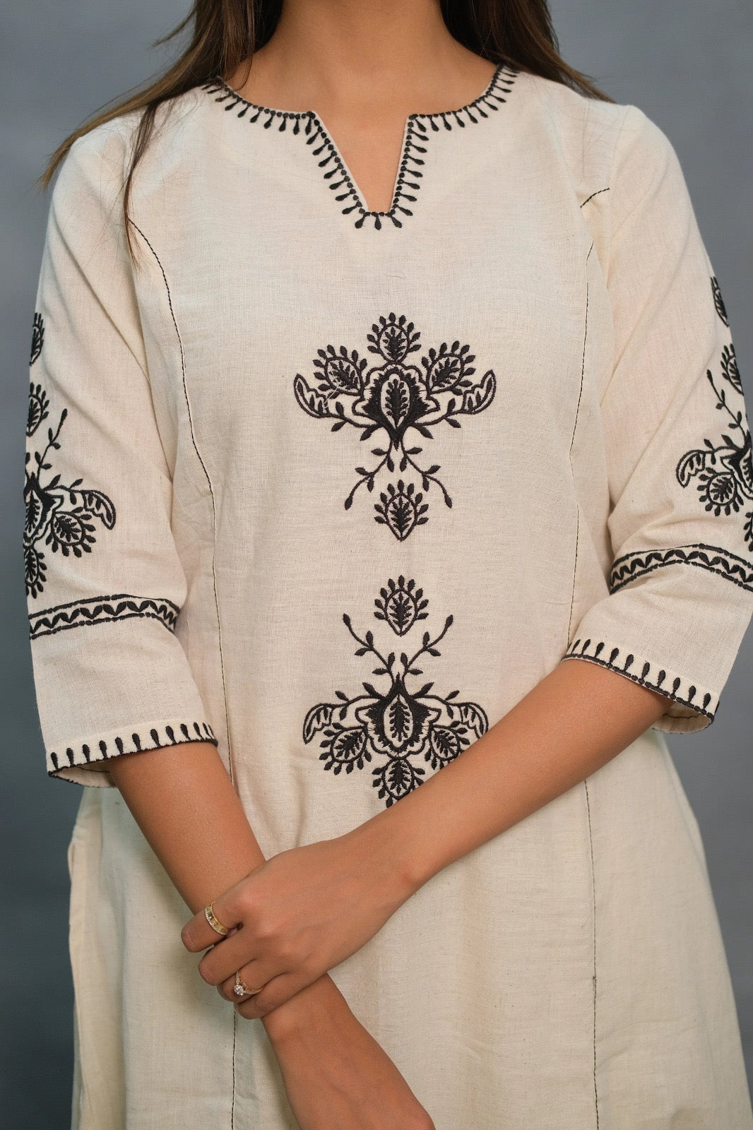 off white black floral Embroidered Cotton Co-Ord Set - Vastra Gehna