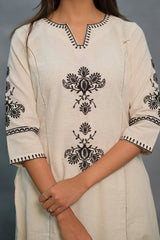 off white black floral Embroidered Cotton Co-Ord Set - Vastra Gehna