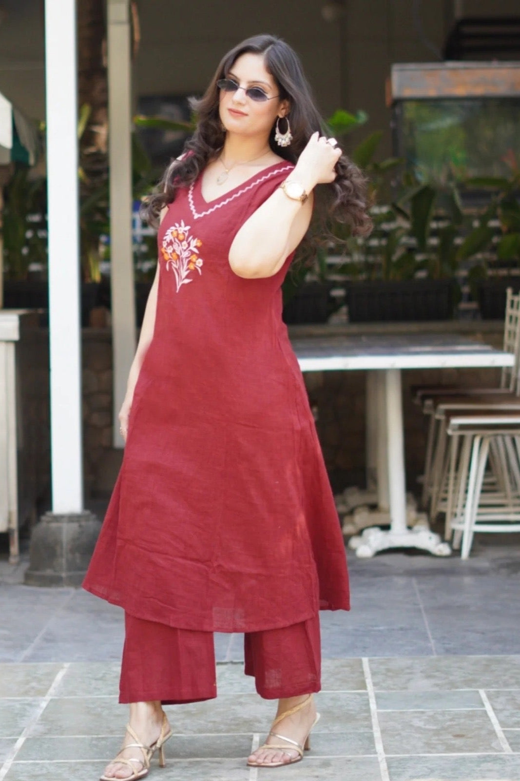 elegant mehroon suit with floral embroidary on cotton Co-Ord Set - Vastra Gehna