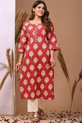 red with sanganeri printed kurta wih plazzo co-ord set. - Vastra Gehna