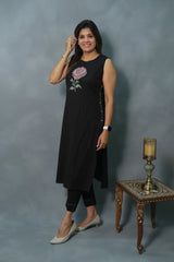 Black floral Embroidered Cotton Co-Ord Set - Vastra Gehna