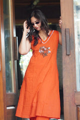 orange suit with embroidary Cotton Co-Ord Set - Vastra Gehna