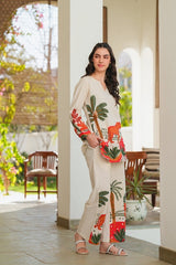off white printed Embroidered Cotton Co-Ord Set - Vastra Gehna
