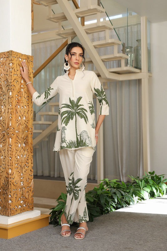 leaves printedEmbroidered Cotton Co-Ord Set - Vastra Gehna