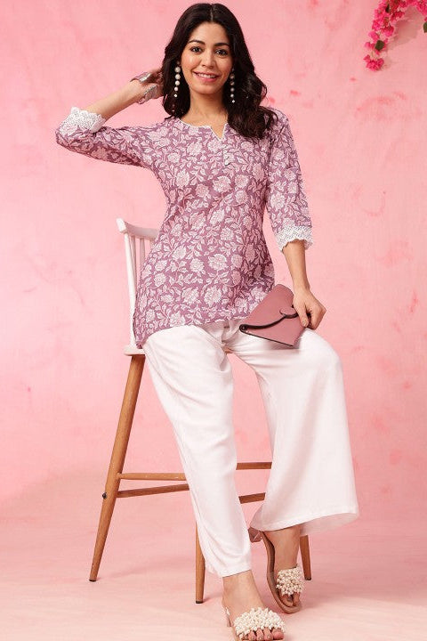 Our elegant purple printed kurta wih plazzo co-ord set - Vastra Gehna