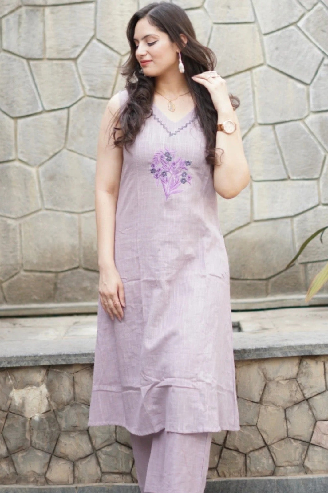 elegant purple suit with floral embroidary on cotton Co-Ord Set - Vastra Gehna