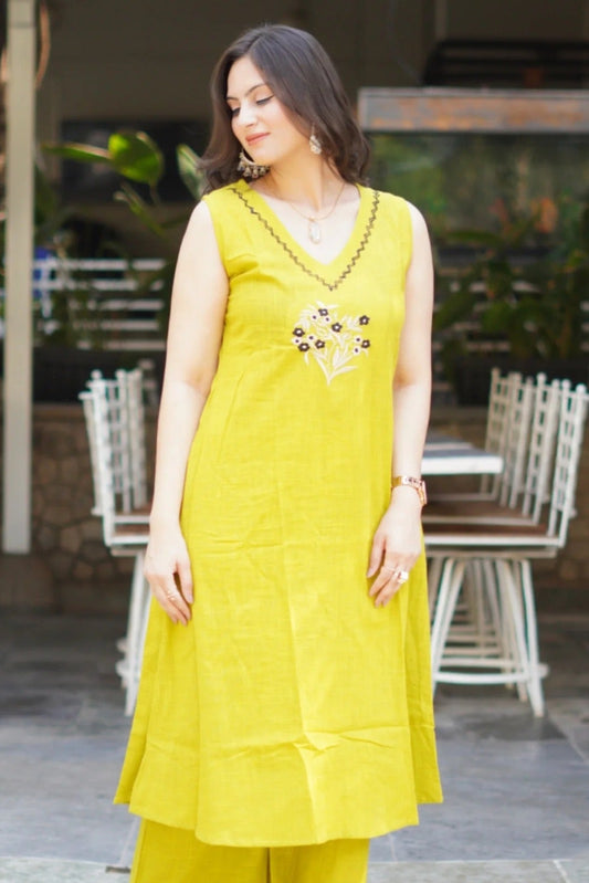 yellow bright suit with black floral embroidary Cotton Co-Ord Set - Vastra Gehna