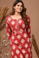 red with sanganeri printed kurta wih plazzo co-ord set. - Vastra Gehna