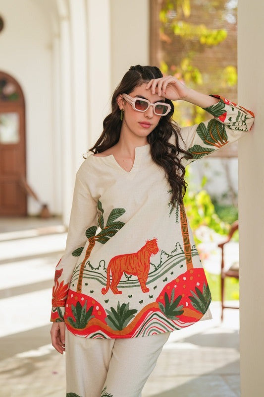 off white printed Embroidered Cotton Co-Ord Set - Vastra Gehna