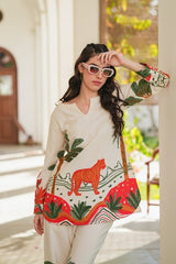 off white printed Embroidered Cotton Co-Ord Set - Vastra Gehna