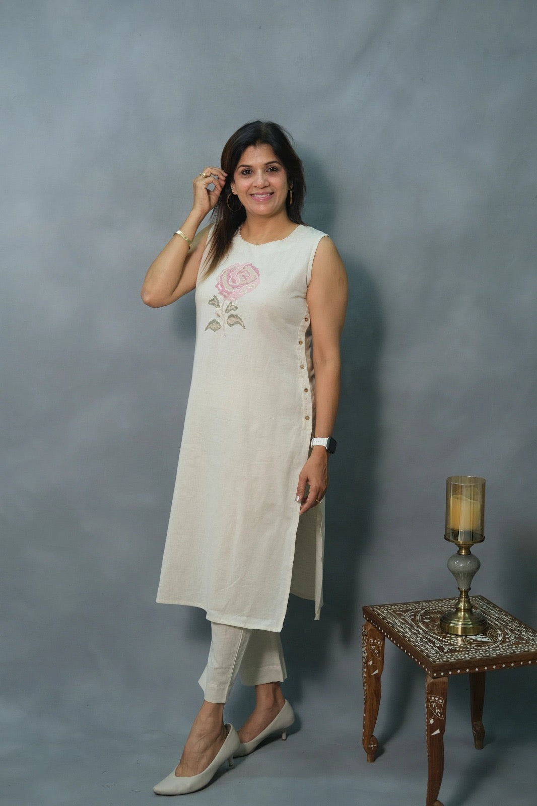 off white floral Embroidered Cotton Co-Ord Set (Copy) - Vastra Gehna
