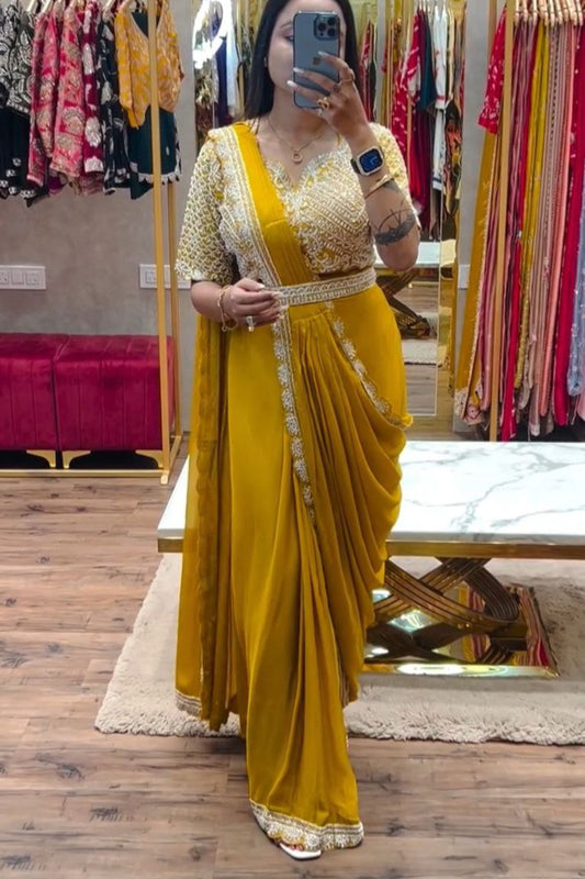 uper Trending Embroidery cording work ready to wear saree with Embroidery Blouse - Vastra Gehna
