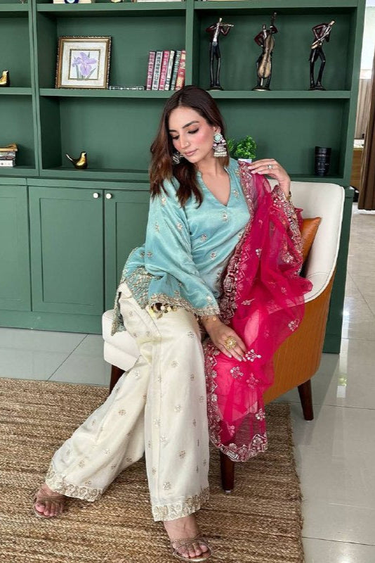 NEW DESIGNER HEAVY FANCY TOP WITH PLAZZO SUIT SET - Vastra Gehna