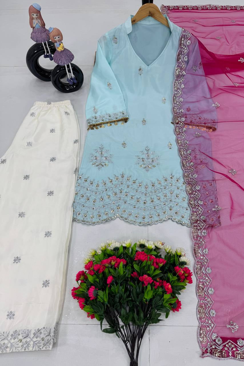 NEW DESIGNER HEAVY FANCY TOP WITH PLAZZO SUIT SET - Vastra Gehna