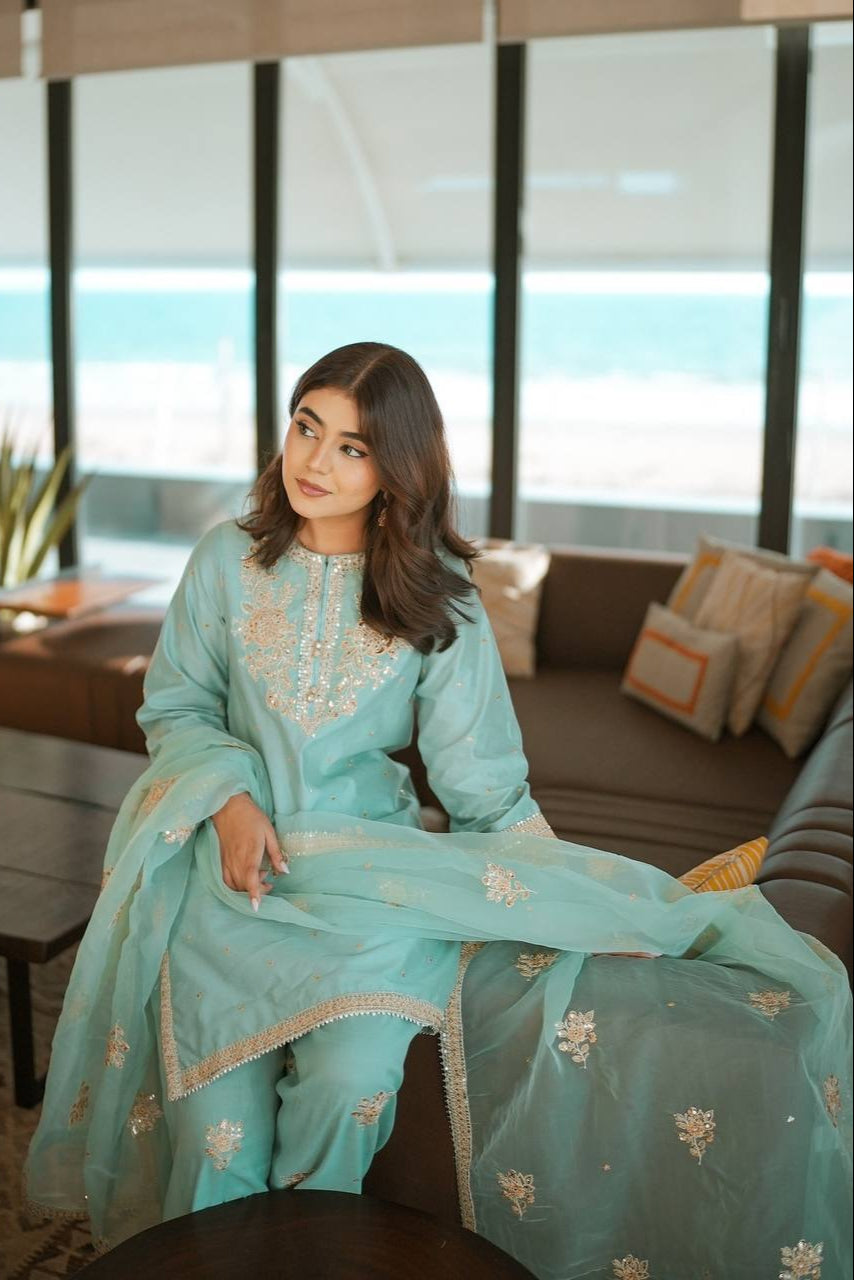 Chinnon Silk embroidery work suit - Vastra Gehna