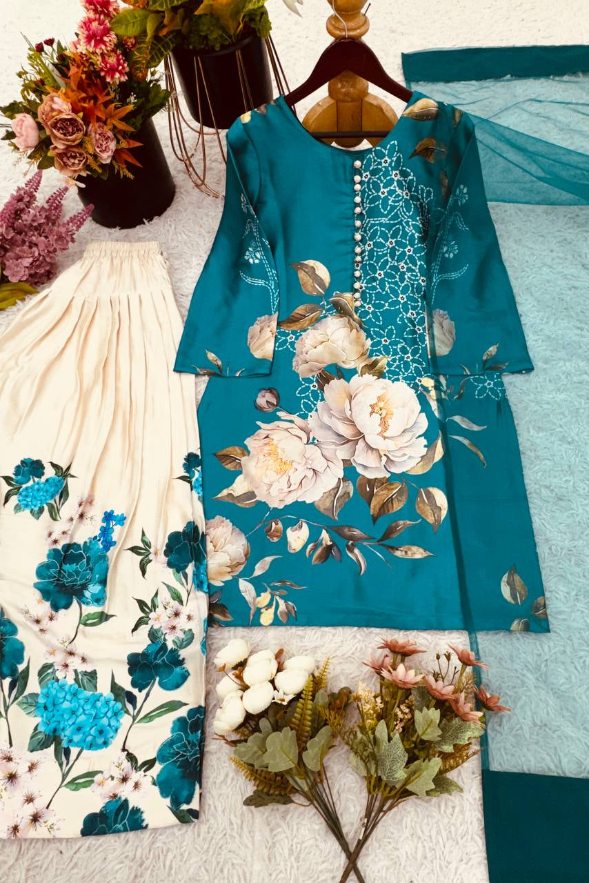 Natural Crep Silk Top-Bottom And Dupatta Set - Vastra Gehna