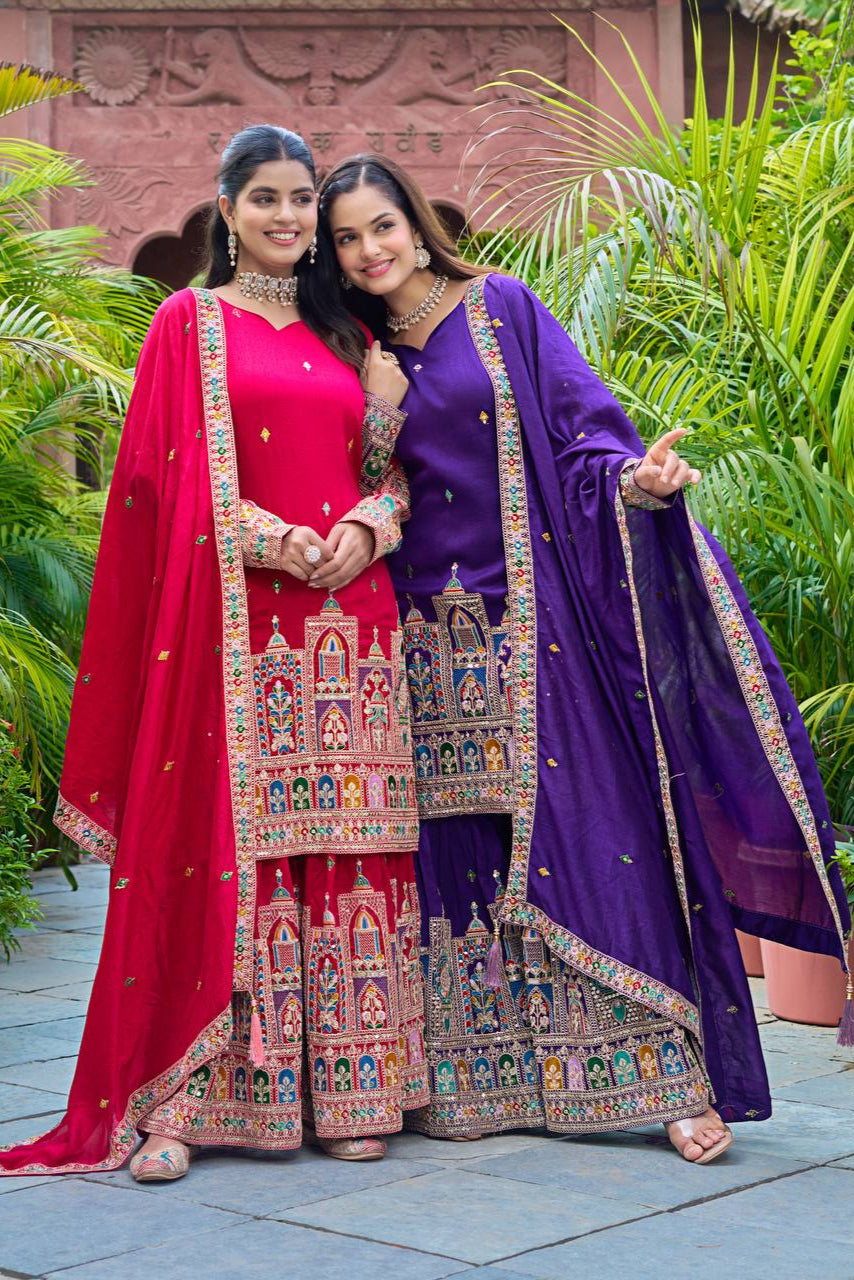 SILK EMBROIDERY PLAZZO CORD SET - Vastra Gehna