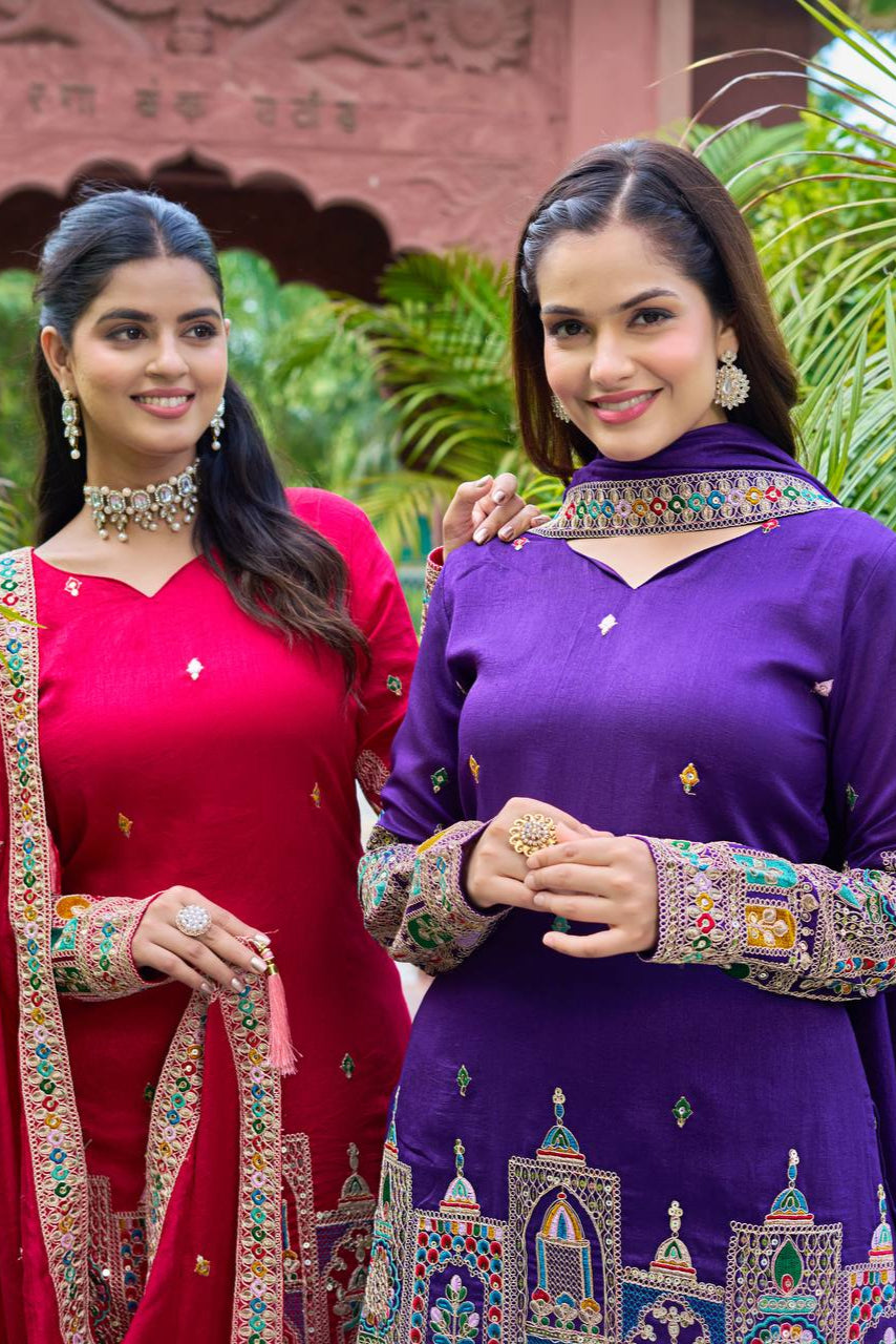 SILK EMBROIDERY PLAZZO CORD SET - Vastra Gehna