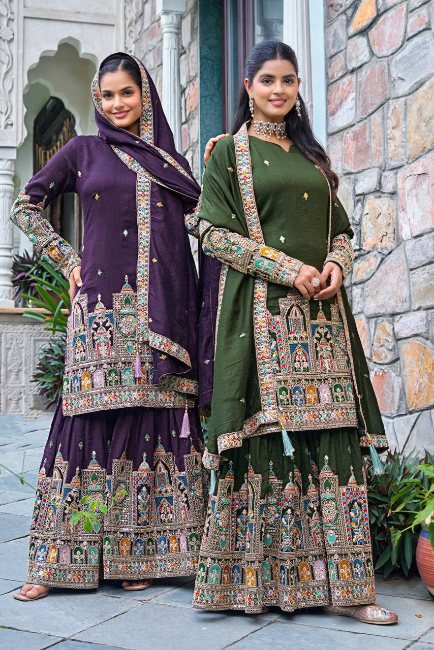 SILK EMBROIDERY PLAZZO CORD SET - Vastra Gehna