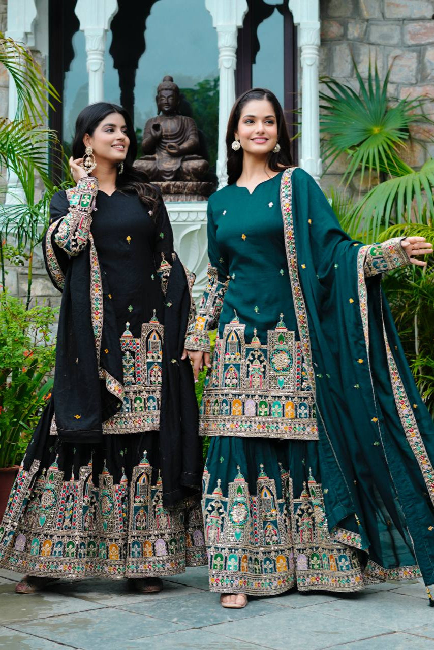 SILK EMBROIDERY PLAZZO CORD SET - Vastra Gehna