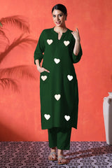 green suit with white heart print on cotton Co-Ord Set - Vastra Gehna
