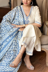 off white blue floral Embroidered Cotton Co-Ord Set - Vastra Gehna