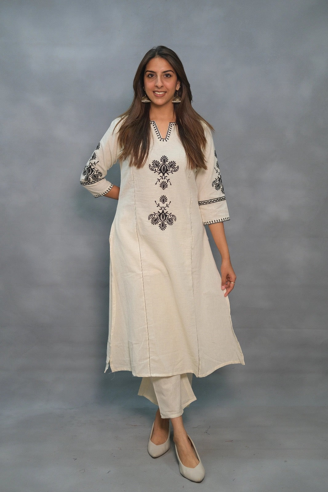 off white black floral Embroidered Cotton Co-Ord Set - Vastra Gehna