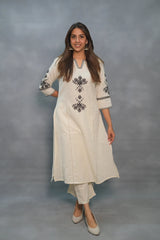 off white black floral Embroidered Cotton Co-Ord Set - Vastra Gehna