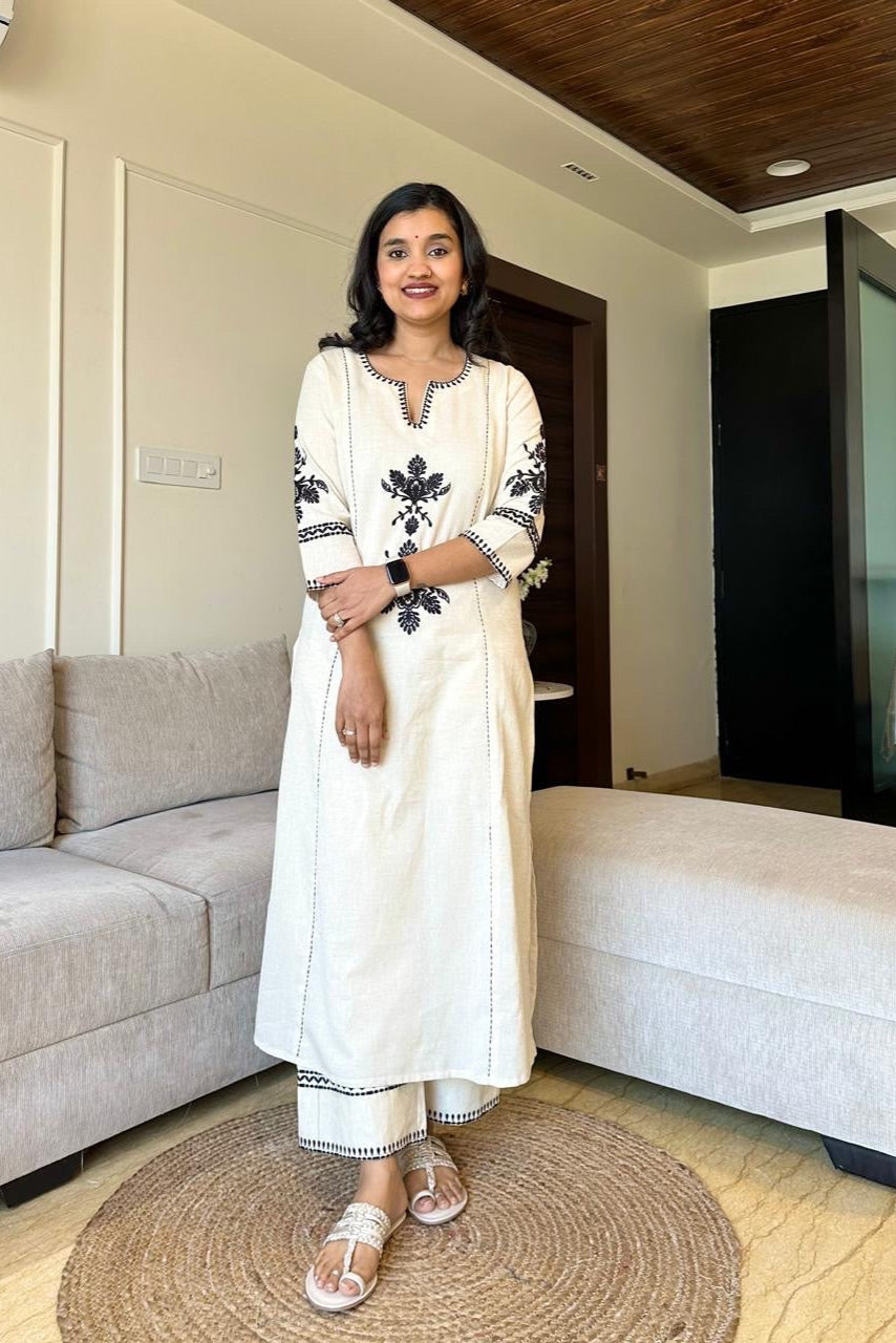 off white black floral Embroidered Cotton Co-Ord Set - Vastra Gehna