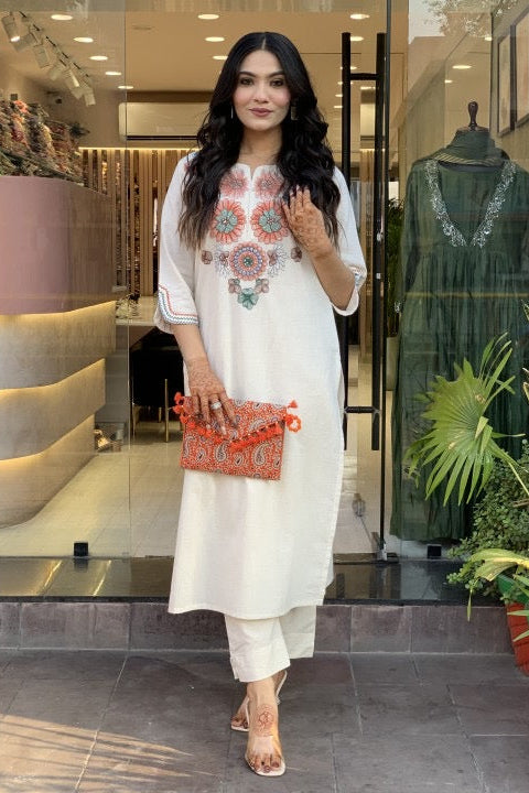 off white floral Embroidered Cotton Co-Ord Set - Vastra Gehna