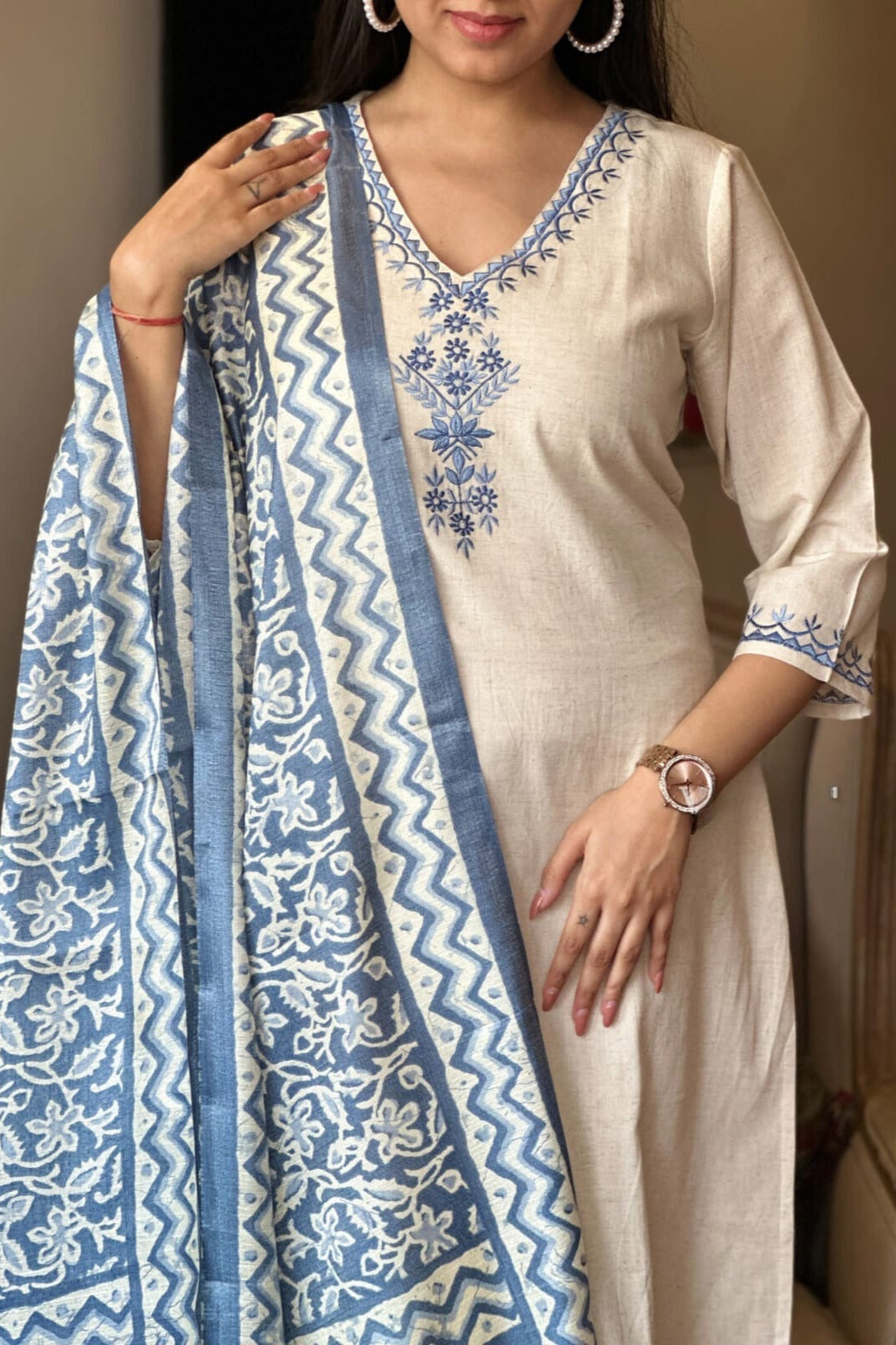 off white blue floral Embroidered Cotton Co-Ord Set - Vastra Gehna