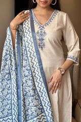 off white blue floral Embroidered Cotton Co-Ord Set - Vastra Gehna