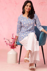 Our elegant blue printed kurta wih plazzo co-ord set. - Vastra Gehna