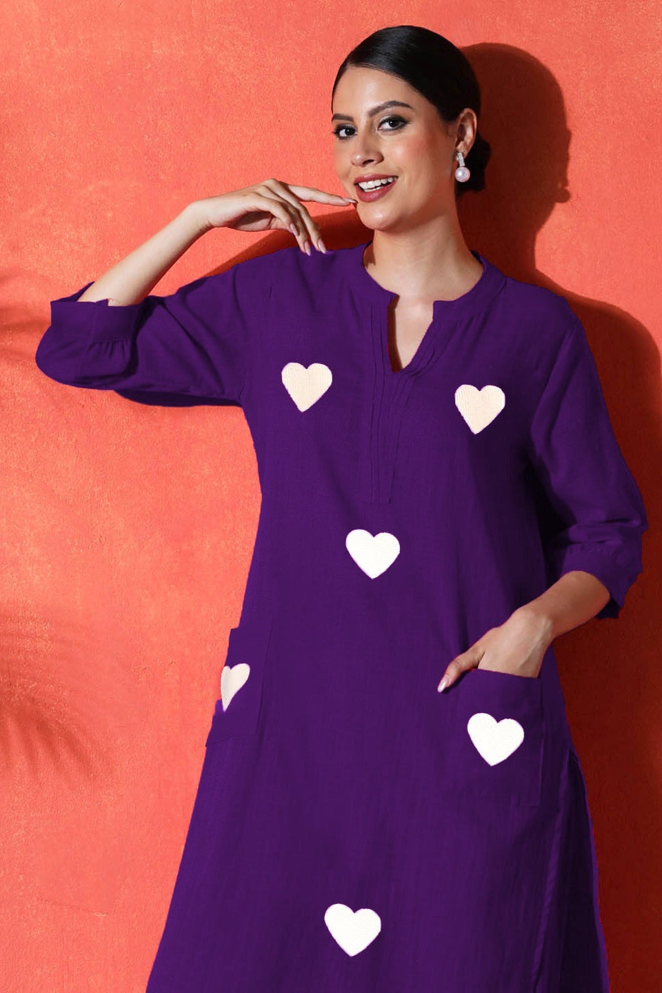 purple suit with white heart print on cotton Co-Ord Set - Vastra Gehna