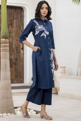 blue suit with white embroidary Cotton Co-Ord Set - Vastra Gehna