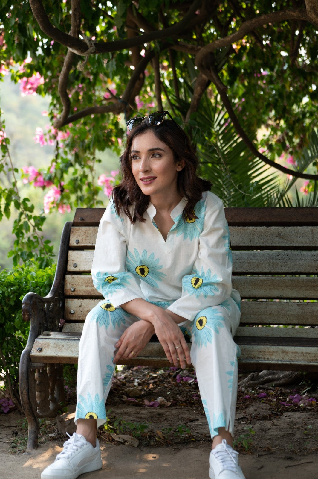 blue sunflower print on cotton Co-Ord Set - Vastra Gehna