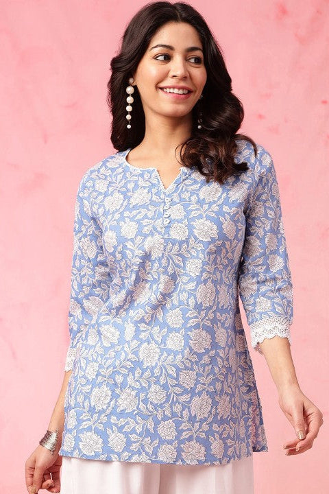 Our elegant blue printed kurta wih plazzo co-ord set. - Vastra Gehna