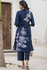 blue suit with white embroidary Cotton Co-Ord Set - Vastra Gehna