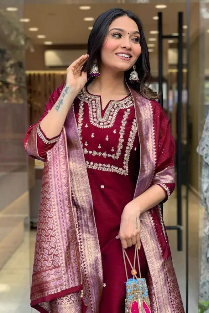 Our elegant designer printed kurta & plazzo with dupatta as gown set pure cotton. - Vastra Gehna