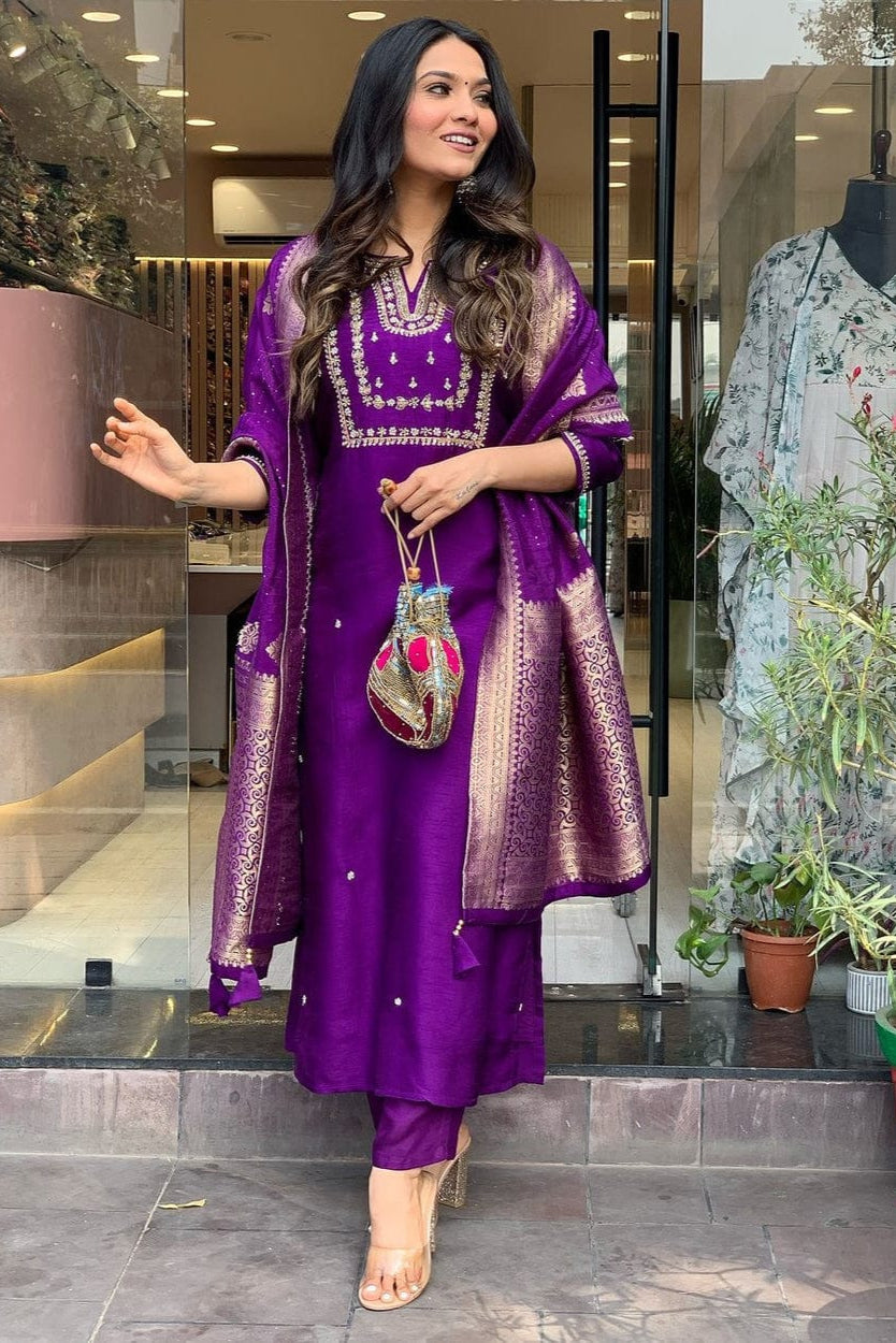 Our elegant designer printed kurta & plazzo with dupatta as gown set pure cotton. - Vastra Gehna